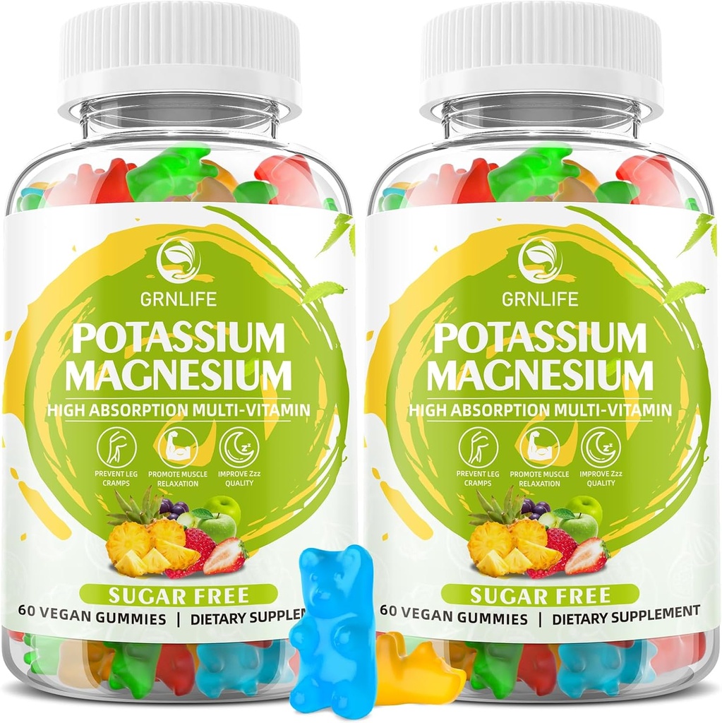 Kalium Magnesium supplement Gummier, Kalium Gummier til voksne børn, Høj Absorption Magnesium Glycinat til ben kramper og immunforsvar, sukkerfri, Vegansk blandet smag, 120 Tæl