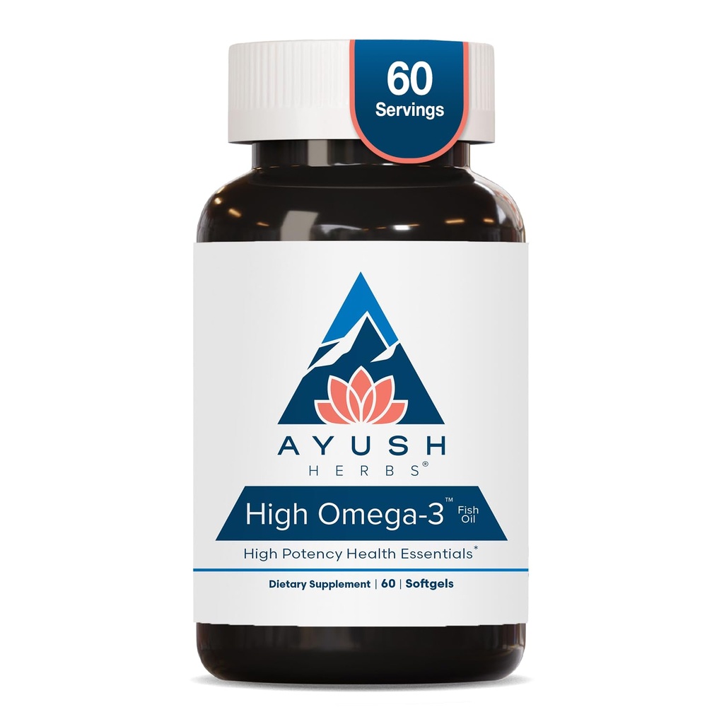 Ayush urter High Omega 3 - Omega 3 Fish Oil, 1000 mg Per Capsule, EPA & DHA Fish Oil Supplement for kvinder & mænd, Natural Lemon Flavor - 60 Softgel kapsler (1 greve)