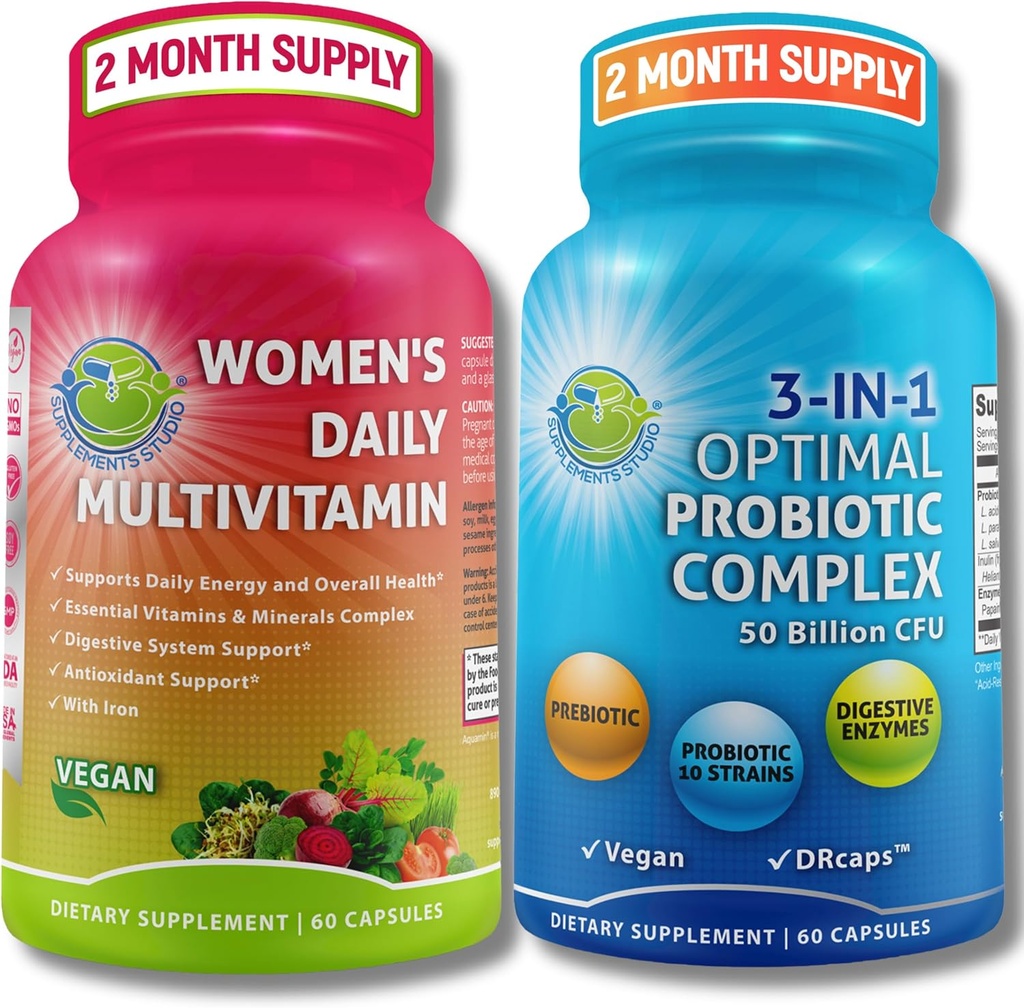 Kvinders Multivitamin & Probiotiske Support Bundle - 3-in-1 Probiotisk med fordøjelsesenzymer & Prebiotiske & Kvinder Daglige Multivitamin med jern - Vegan, Non- GMO, Clean Daily Wellness Support