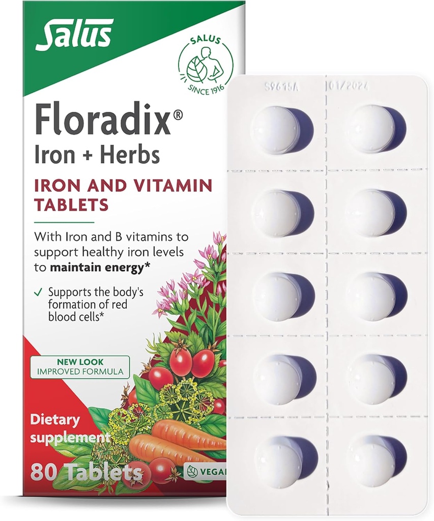 Floradix jerntabletter - Jerntilskud med B vitaminer, folinsyre, C-vitamin & mere - Energistøtte - Vegetarisk & Gluten- Free - 80 tabletter (80 Servere)
