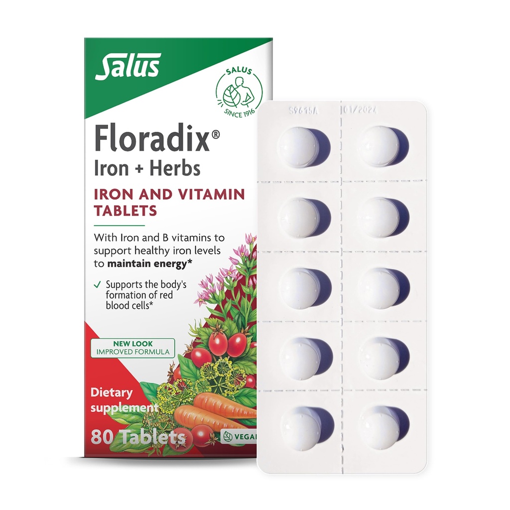 Floradix jerntabletter - Jerntilskud med B vitaminer, folinsyre, C-vitamin & mere - Energistøtte - Vegetarisk & Gluten- Free - 80 tabletter (80 Servere)