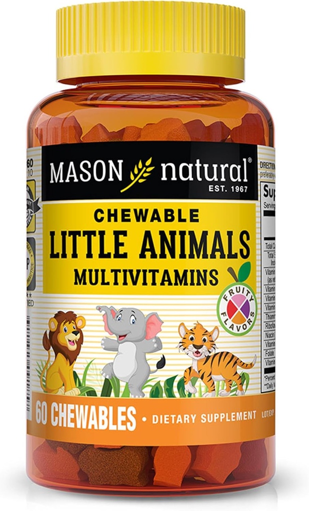 MASON NATURAL Chewable Little Animals Multivitaminer til børn - Children 's Daily Multivitamin med vitamin A, C, D, B1, B2, B3, B6, B12, og Folate - 60 Animal Shaped Chewable Tablets