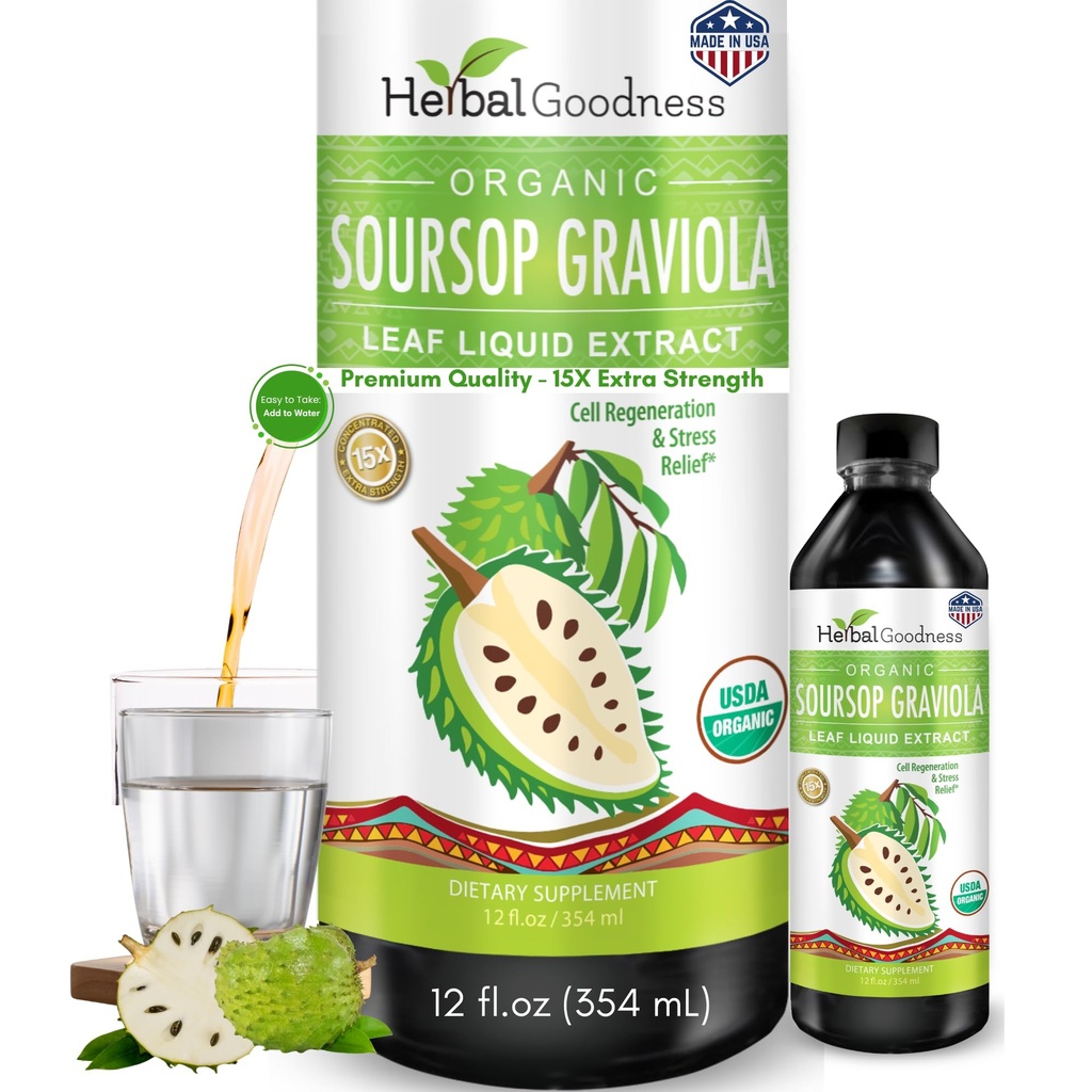Herbal Goodness Soursop Graviola Liquid Drops 12 Fl Oz - 15X Strength Organic Guanábana Soursop blade Extract for Gut Health, Cell & immunsupport Serene Soursop Drops - Vegan, Non- GMO, Lavet i USA