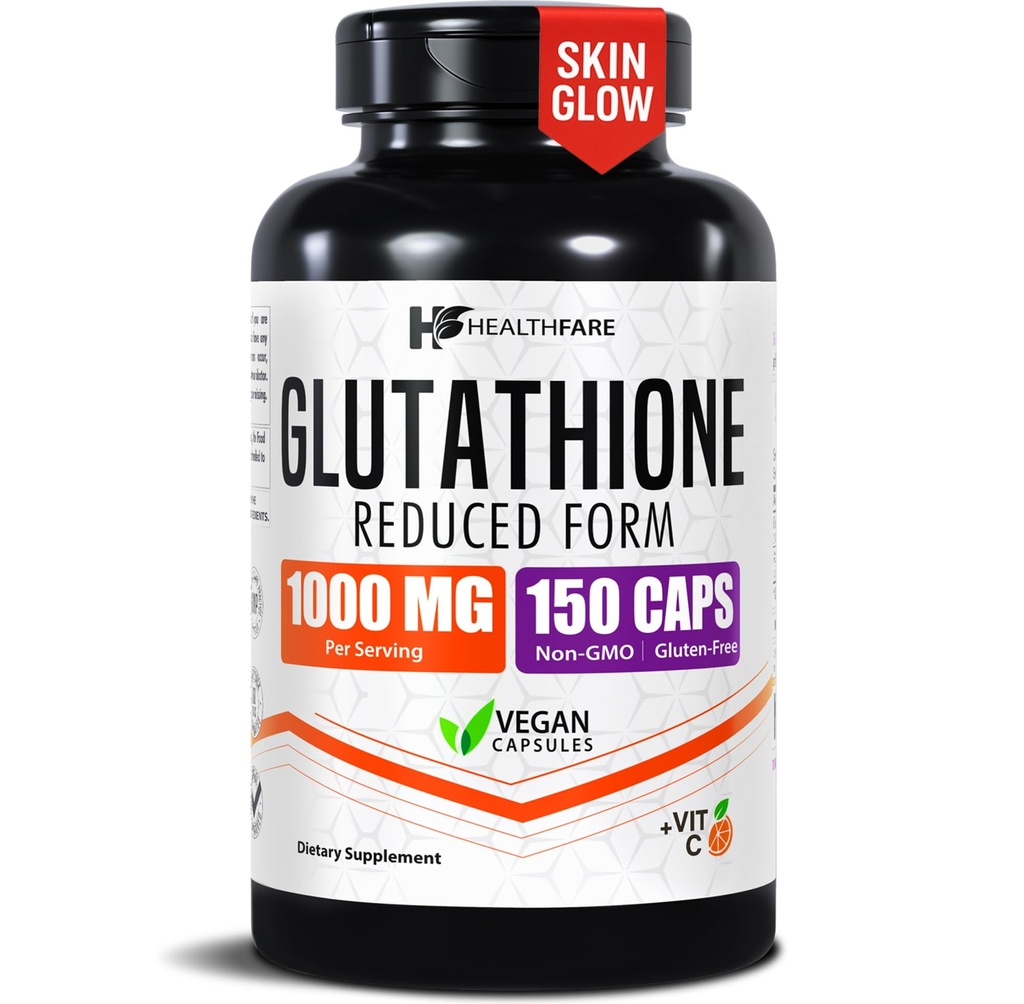 Healthfare Glutathion Supplement 1000mg Højt renset; 124; 150 Veganske Kapsler; 124; Immunforsvar & Detox Support • 124; Non- GMO, Gluten- Free • 124; Made in USA