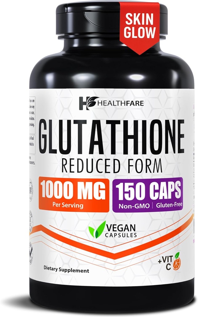 Healthfare Glutathione Supplement 1000mg | Reduced GSH Antioxidant | 98%+ Highly Purified | 150 Vegan Capsules | Immune & Detox Support | Non-GMO, Gluten-Free | Made in USA