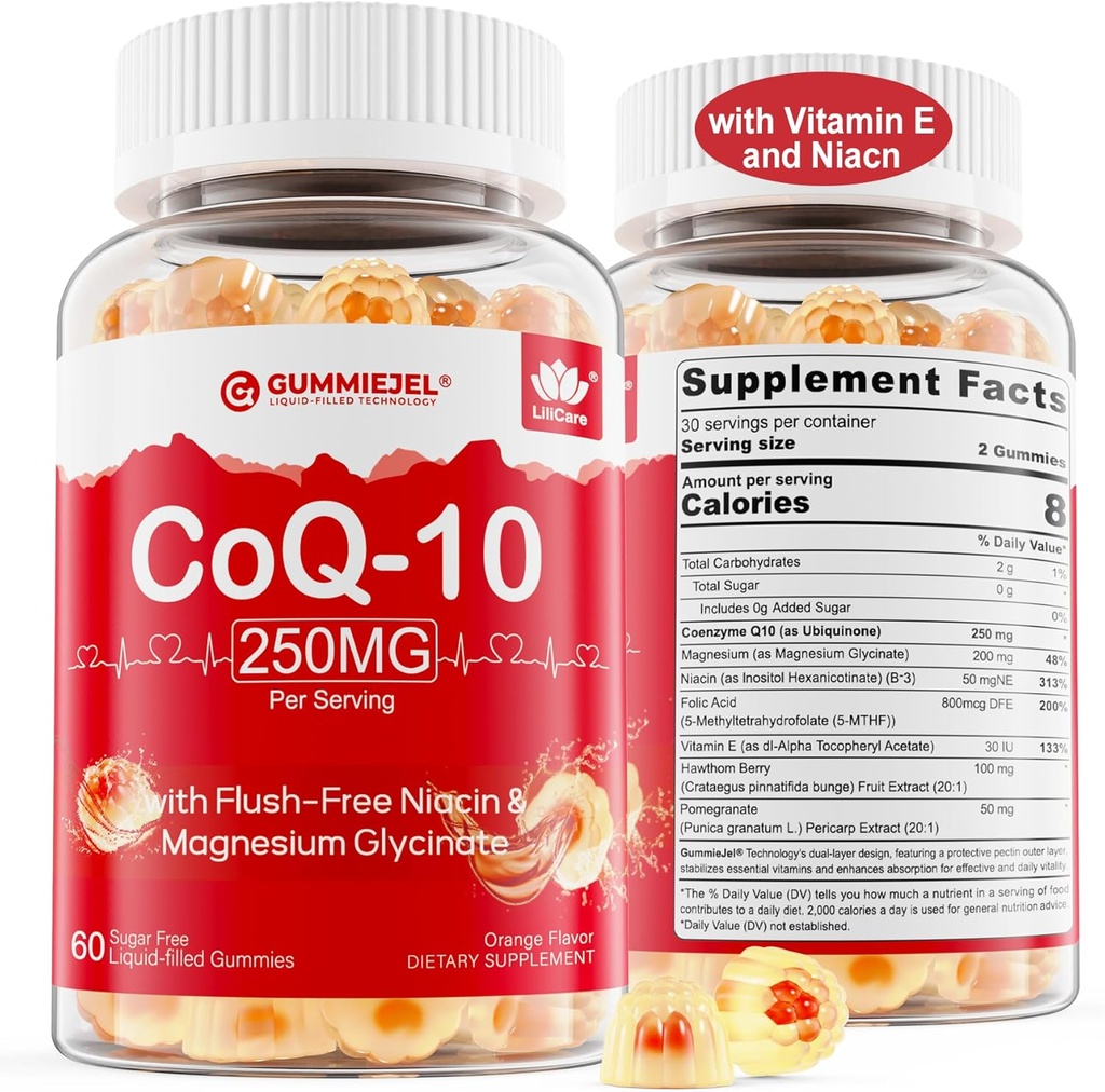 Sugar Free CoQ10 Filled Gummies 250MG, Coenzym Q10 w / Magnesium Glycinat, Niacin No- Flush Vitamin B3, E & folsyre, High Absorption CoQ10 for HEA- rt, Cellular Energy & Antioxidant
