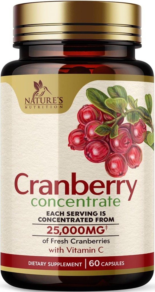 Cranberry piller Supplement 25,000mg - Fresh Cranberry Ækvivalent med C-vitamin & E - Urinary Tract Health Support, Sugar Free Formel, Fruit Powder Extract - Non-GMO, Flasket i USA - 60 Kapsler