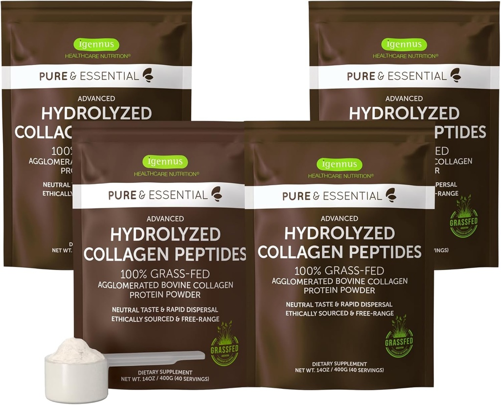 Igennus 100% Grass Fed Bovine Collagen Protein Powder, Højeste Grade Hydrolyzed Collagen Peptider Typer 1, 2 & 3, for kvinder & mænd, Non- GMO, Free Range, Clean Label, Easy Mix, 4 x 40 Servere