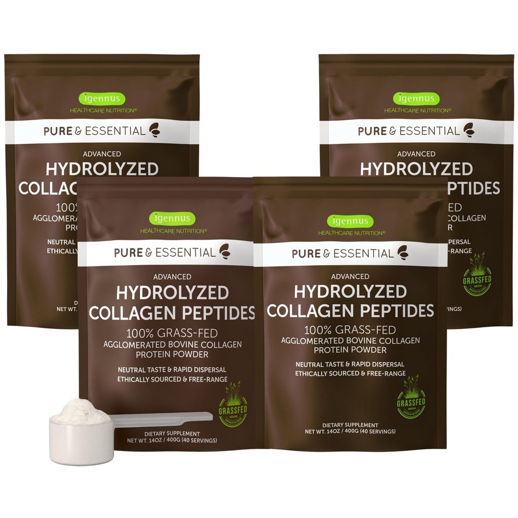 Igennus 100% Grass Fed Bovine Collagen Protein Powder, Højeste Grade Hydrolyzed Collagen Peptider Typer 1, 2 & 3, for kvinder & mænd, Non- GMO, Free Range, Clean Label, Easy Mix, 4 x 40 Servere