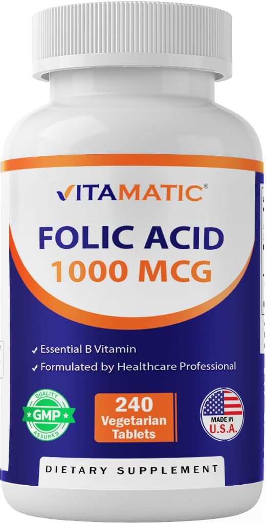 Vitamatisk folinsyre 1000 mcg (1 mg) - vegetariske tabletter - 1667 mcg DFE - vitamin B9 (240 greve (pakning med 1))