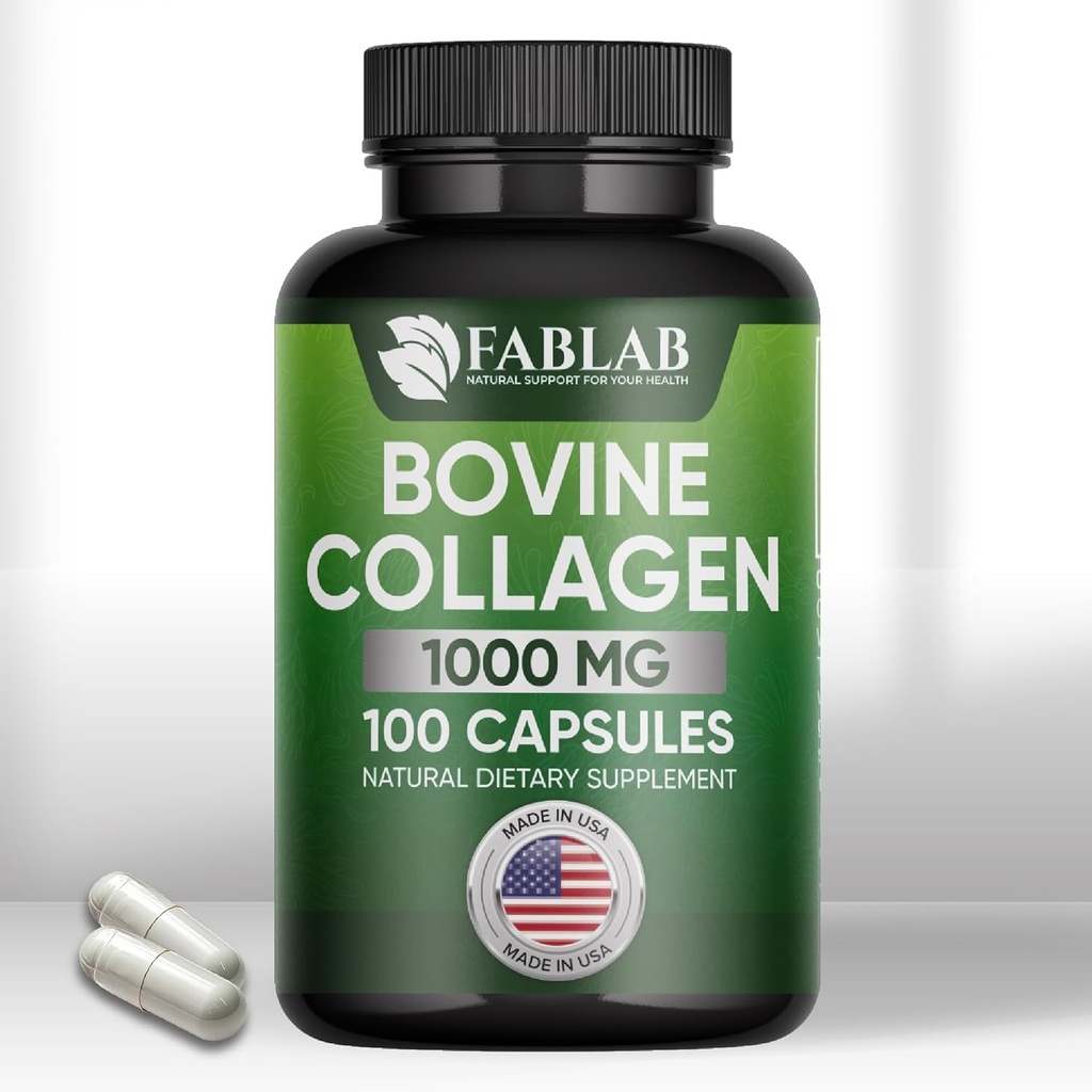 FabLab Bovine Collagen Type I tillæg - Ernæringstilskud til fælles, nerve & ben støtte - Non-GMO, Anti- Aging Kosttilskud med hydrolyserede peptider - 100 kapsler