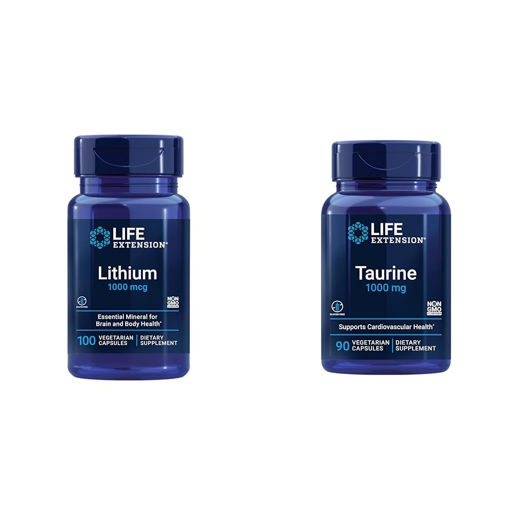 Life Extension Lithium 1000 mcg and Taurine 1000 mg - Brain Health, Anti- Aging, Longevity, Memory, Cognition, Mood, Heart, Lever, Muscle and Motion Support - 100 Greve