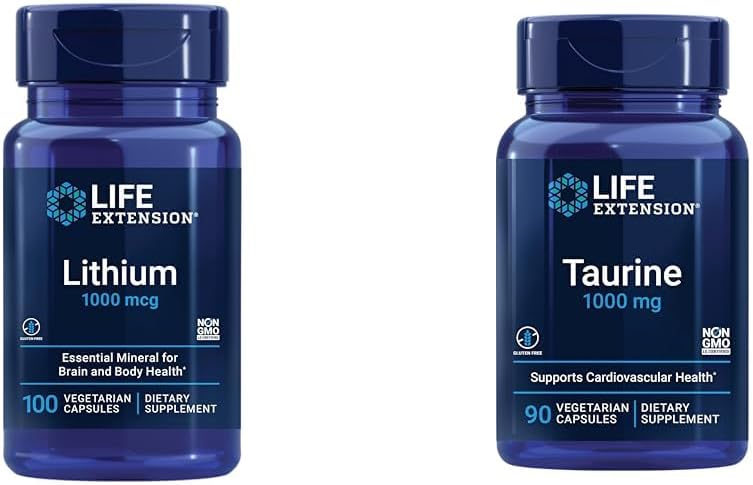 Life Extension Lithium 1000 mcg and Taurine 1000 mg - Brain Health, Anti- Aging, Longevity, Memory, Cognition, Mood, Heart, Lever, Muscle and Motion Support - 100 Greve