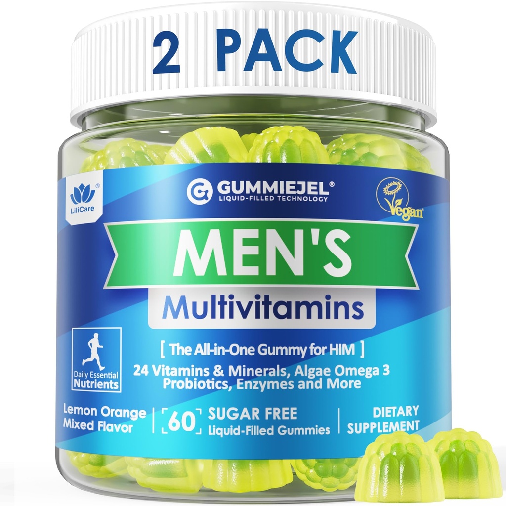 2 Pack - Herre Multivitaminer Gummies, Multimineraler, Vegan Omega 3, CoQ10, Probiotika, Daglige Herre Vitamin A C D E B6 B12, Metyleret Multivitamin for mænd, Energi, Immunitet, Sukker fri, Vegan (Ingen jern)