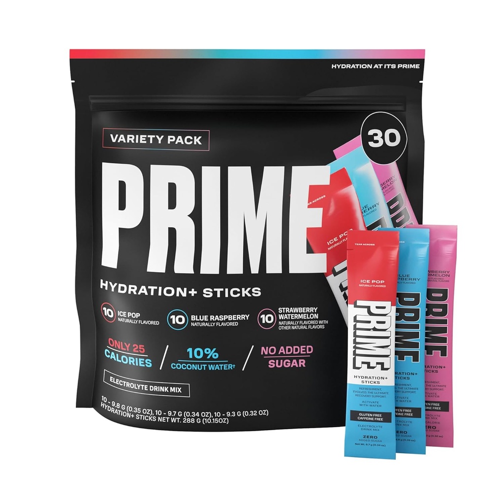 PRIME HYDRATION+ Sticks Variety Pack | Hydration Powder Single Serve Sticks | Electrolyte Powder On The Go | Low Sugar | Caffeine-Free | Vegan | 30 Sticks
