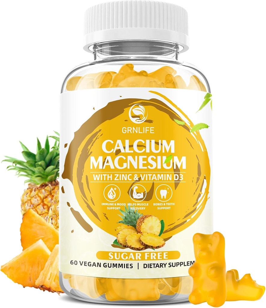 Calcium Magnesium Zinkgummier med D3- vitamin, sukkerfri Calciumgummier til kvinder Mænd, høj potens Magnesium gummier til ben & muskel & immunforsvar sundhed, Ananas Navor - 60 Greve