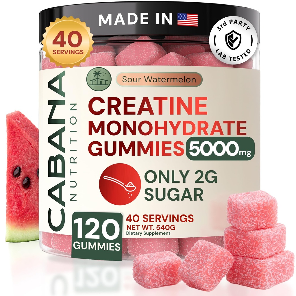 Creatin monohydrat Gummies 5g - Kun 2g Sukker, Lavet i USA - Sour Watermelon Flavor - Vegan & 3rd Party Testet - Pre & Post træningstillæg for kvinder og mænd (120 Greve, 40 Servering)