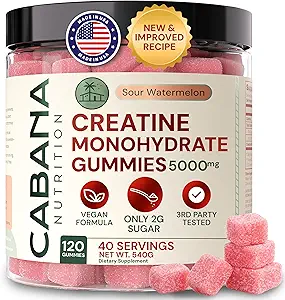 Creatin Monohydrat Gummies 5g - Vandmelon Flavored Creatin for kvinder og mænd - Supplement understøtter Muskel Gain, energi, Pre and Post Workout, Focus & Cognition, Inddrivelse (120 tæller, 40 portioner)