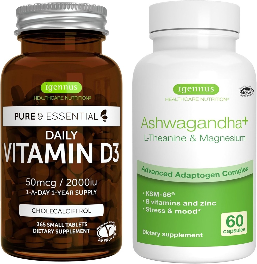 Daily Vitamin D3 + Ashwagandha + L- Theanin & Magnesium Vegetarisk Bundle, 365 2000iu Vitamin D3 tabletter + 600 mg KSM- 66 Ashwagandha med zink & B Vitamin, af Igennus