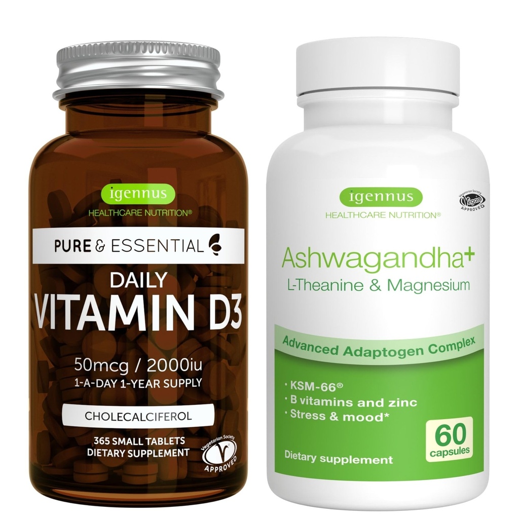 Daily Vitamin D3 + Ashwagandha + L- Theanin & Magnesium Vegetarisk Bundle, 365 2000iu Vitamin D3 tabletter + 600 mg KSM- 66 Ashwagandha med zink & B Vitamin, af Igennus