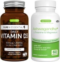 Daily Vitamin D3 + Ashwagandha + L- Theanin & Magnesium Vegetarisk Bundle, 365 2000iu Vitamin D3 tabletter + 600 mg KSM- 66 Ashwagandha med zink & B Vitamin, af Igennus
