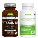 Daily Vitamin D3 + Ashwagandha + L- Theanin & Magnesium Vegetarisk Bundle, 365 2000iu Vitamin D3 tabletter + 600 mg KSM- 66 Ashwagandha med zink & B Vitamin, af Igennus