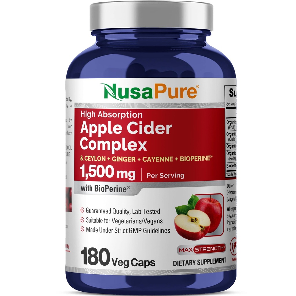 NusaPure Apple Cider Vinegar Complex 1500 mg 180 Veg Caps Velegnet til vegetarer og Veganere, Non- GMO