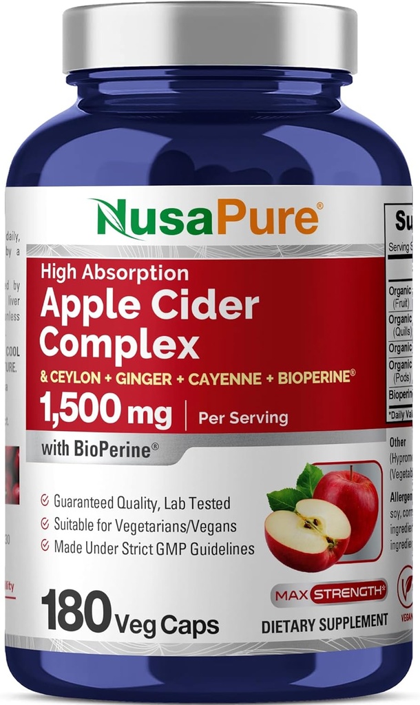 NusaPure Apple Cider Vinegar Complex 1500 mg 180 Veg Caps Velegnet til vegetarer og Veganere, Non- GMO