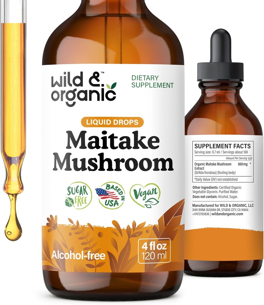 Wild & Organic Maitake Mushroom Tinktur - immunsupport - Flydende Maitake Mushroom Extract - Vegan, Sukker & Alkohol- Free Drops - 4 fl oz