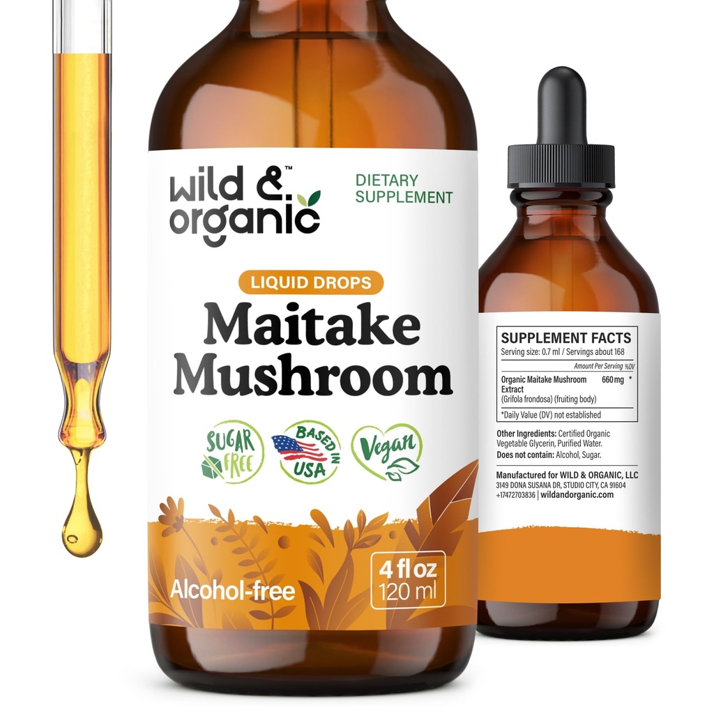 Wild & Organic Maitake Mushroom Tinktur - immunsupport - Flydende Maitake Mushroom Extract - Vegan, Sukker & Alkohol- Free Drops - 4 fl oz