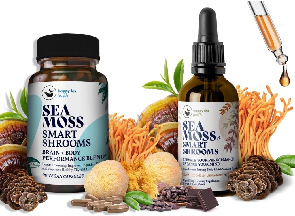 Brain Superfoods Bundle - Organic Sea Moss & Smart Shrooms, Kapsler og flydende dråber Bundle, Organic Irish Seamoss og 7 Adaptogene Kosttilskud til hukommelse og fokus. Flydende dråber i chokolade flavor