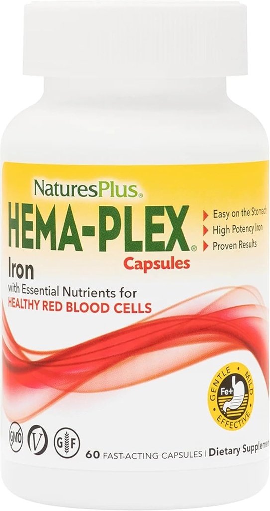 NaturesPlus Hæma- Plex Jern - 60 Fast- Fungerende Kapsler - 3 Pack - 85 mg Chelated Iron + C-vitamin & Bioflavonoider til sunde røde blodceller - Vegan, Gluten Free - 90 Total Servering
