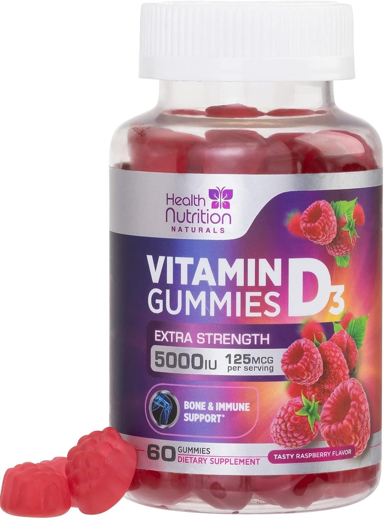 D3- vitamin Gummies 5000 IE (125 mcg) - Triple Strength Bone and Immunation Support, D- vitamin Gummies Kosttilskud, Nature 's Berry D Vitamin Supplement, Raspberry Flavored, Non- GMO - 60 Gummies