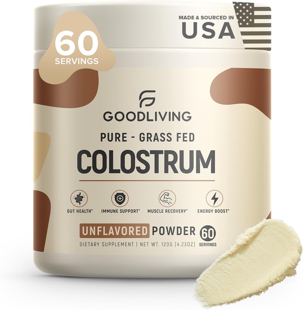 GoodLiving Grass Fed Colostrum Powder for immunforsvar, Gut Health, Muscle Support & Wellness - Græs Fed Colostrum for kvinder & mænd, Natural IgG Pure Whole Colostrum, Unflavored, 60 Serveringer