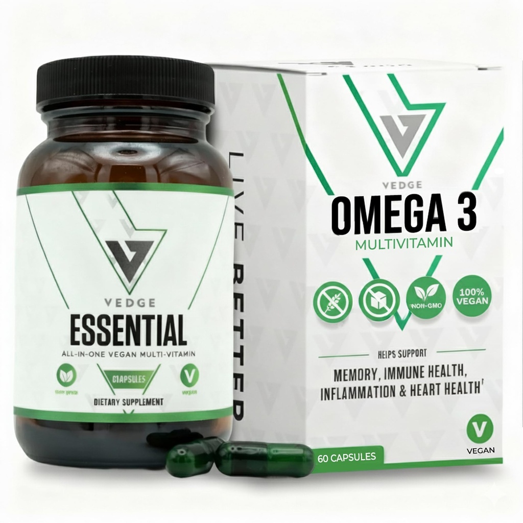 Vedge Vegan Omega 3 Multivitamin til kvinder og mænd - Plantbaseret Algal EPA & DHA + vitamin B12, vitamin D, K2, Magnesium, Zink & Selen - 30-Day Supply - non-GMO, Gluten Free, Made in USA