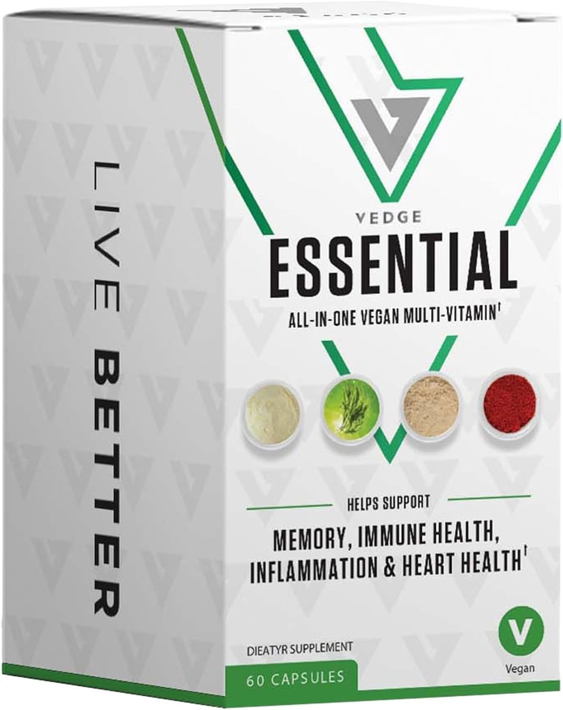 Vedge Vegan Omega 3 Multivitamin til kvinder og mænd - Plantbaseret Algal EPA & DHA + vitamin B12, vitamin D, K2, Magnesium, Zink & Selen - 30-Day Supply - non-GMO, Gluten Free, Made in USA