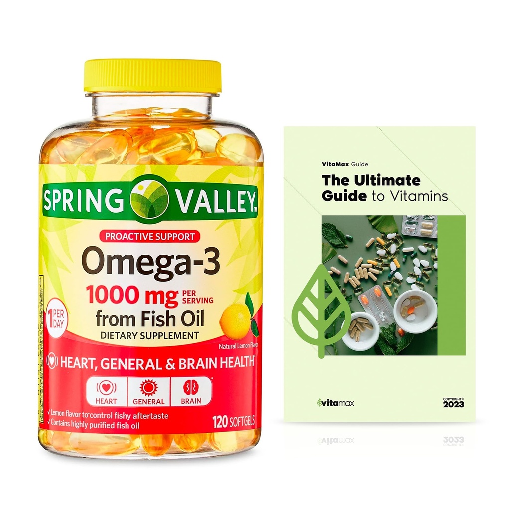 Spring Valley Omega-3 fra Fish Oil 1000 mg, Maksimal omhu, 120 Greve + Eksklusiv VitaMax Vitamin Guide (2 genstande)