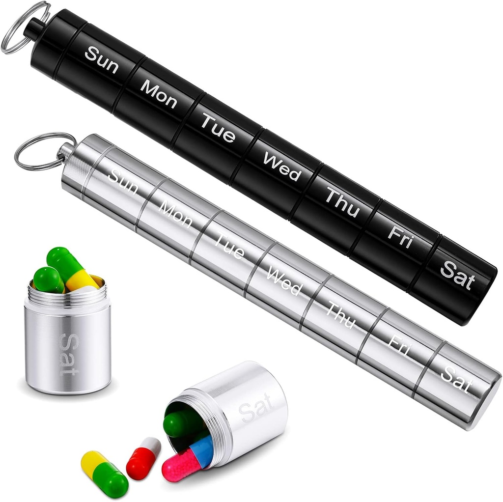 Vesici 2 Pack Metal Weekly Pill Organizer Travel Pill Container med Keychain 7 Dag Ugentlig Vandtæt Små Kapsler Holder Case Box Stackable for Kvinder Mænd Rejser Udendørs (Sort, Sølv)
