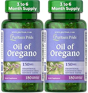 Puritans Pride Oil of Oregano 150mg, Traditional Herbal immunforsvar, 180 Rapid Release Softels, pakke med 2