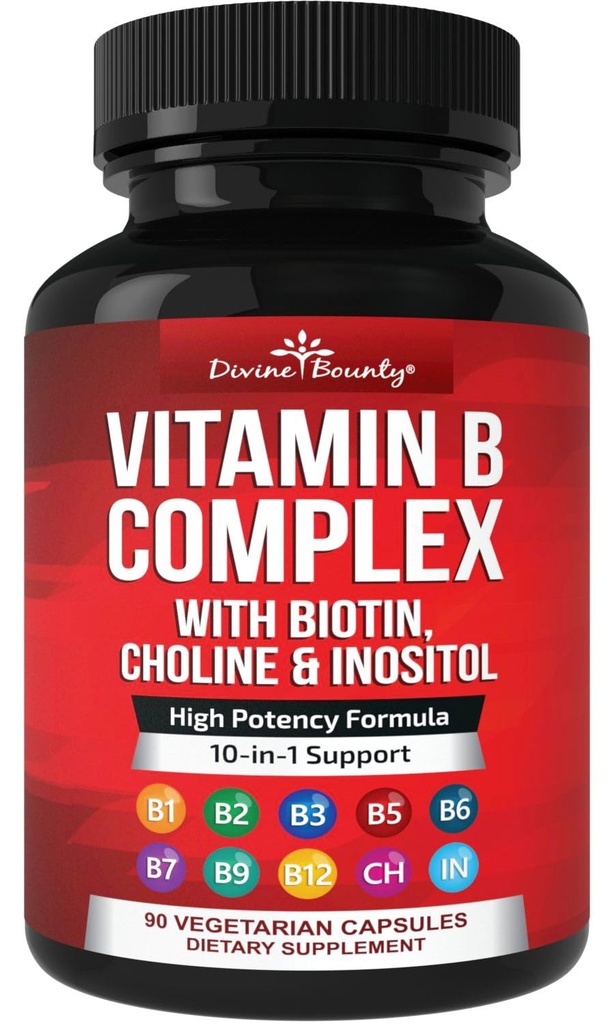 Divine Bounty Super B Complex Vitaminer - Alle B vitaminer herunder B12, B1, B2, B3, B5, B6, B7, B9, folsyre - vitamin B supplement - støtte sund energi Metabolisme - 90 Vegetariske kapsler