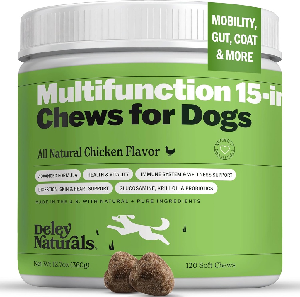 Deley Naturals 15 i 1 Multivitamin til hunde - Komplet hund vitaminer og kosttilskud til immunforsvar, fælles, hud, fordøjelse, hjerte & samlede sundhed - Daglige multifunktionstillæg - 120 tykkere