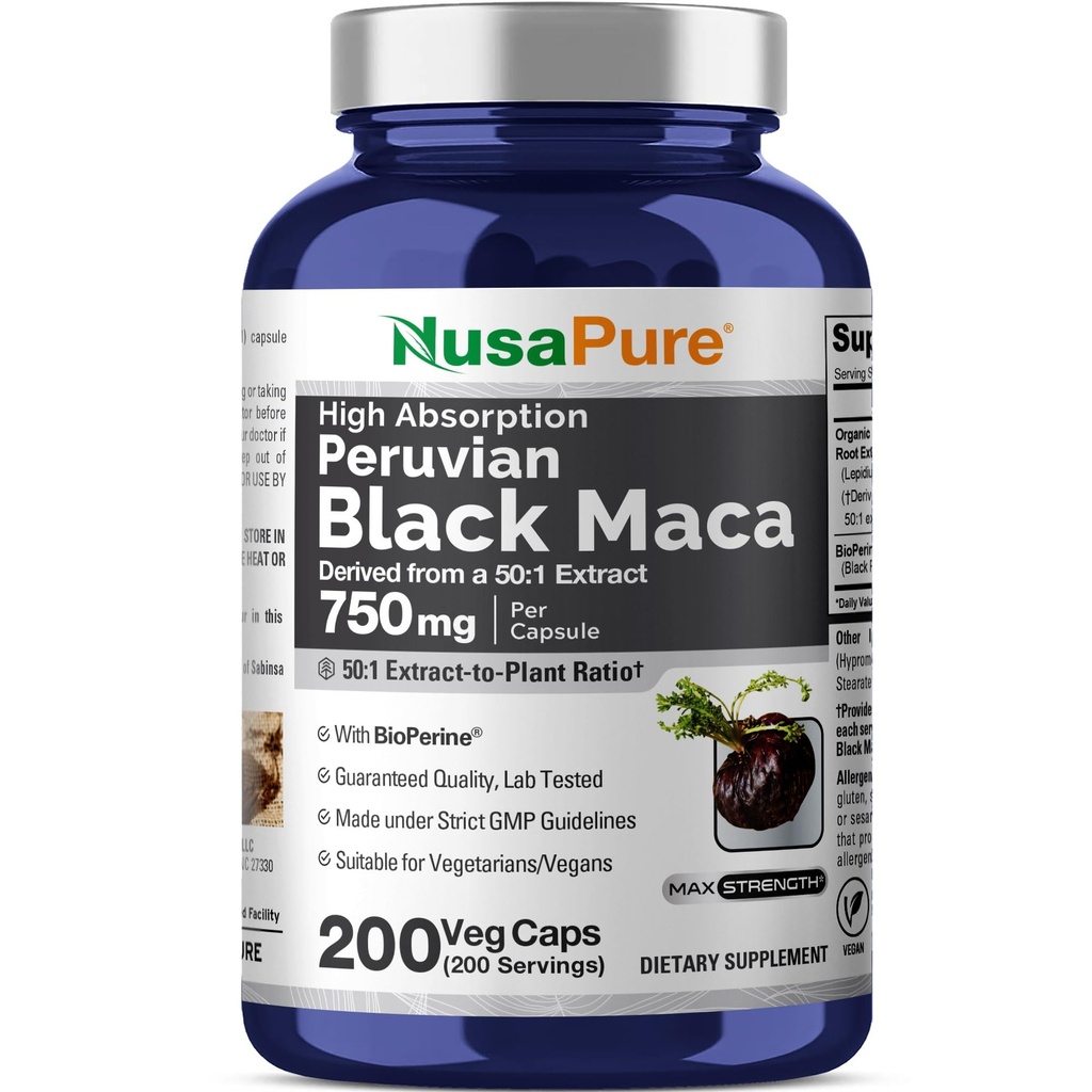 NusaPure Black Maca Root 50: 1 Extract, 750 mg Tilsvarende 37,500 mg 200 Veggie Per Caps (Vegan, Non- GMO)