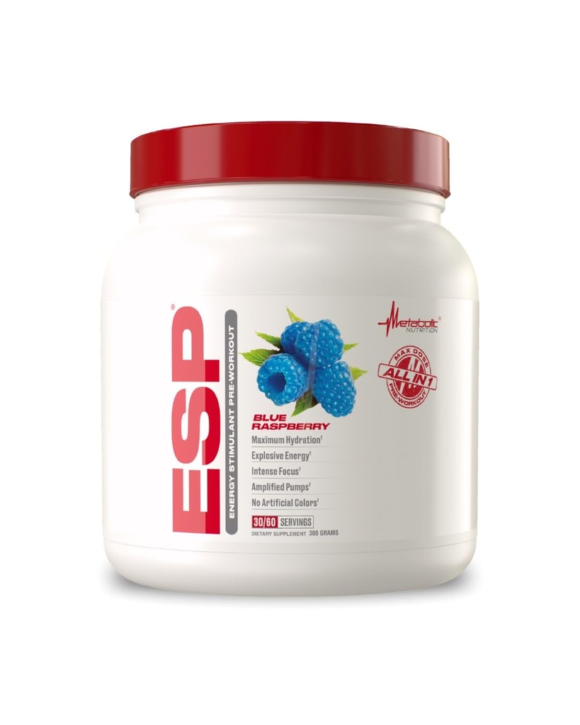 Metabolisk ernæring • 124; ESP - Stimulering Pre Workout, Pre Intra Workout Supplement • 124; Energi & Endurance Stimulering • 124; Naturlig, sikker & Mental Focus • 124; Blå Hindbær, 300 Bedste (90 Servere)