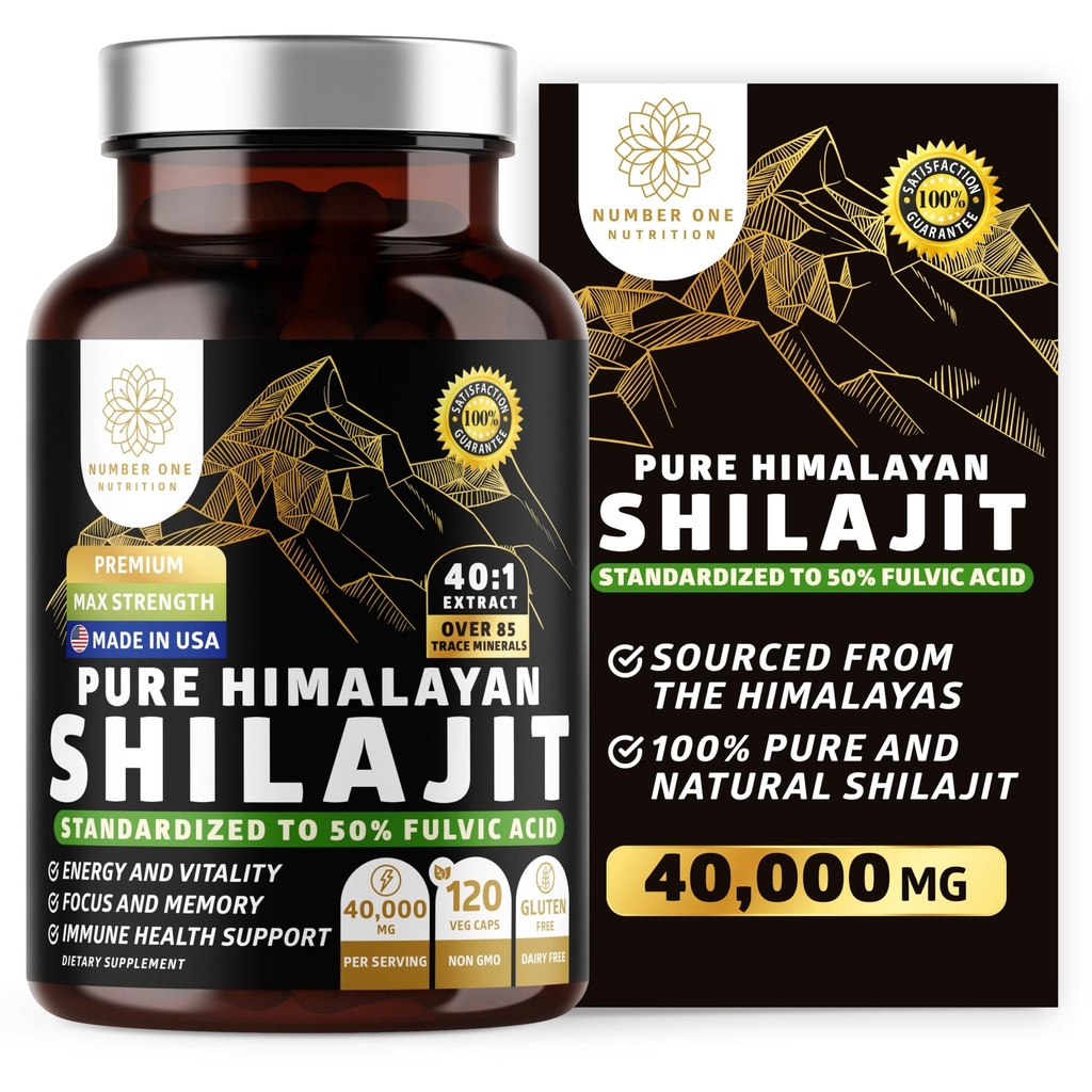 Pure Himalayan Shilajit supplement til mænd og kvinder, [40.000 MG, Max Strength] Indeholder 50% Fulvic Acid med over 85 trace mineraler til støtte energi, hjerne og immunitet, 120 Veg Caps