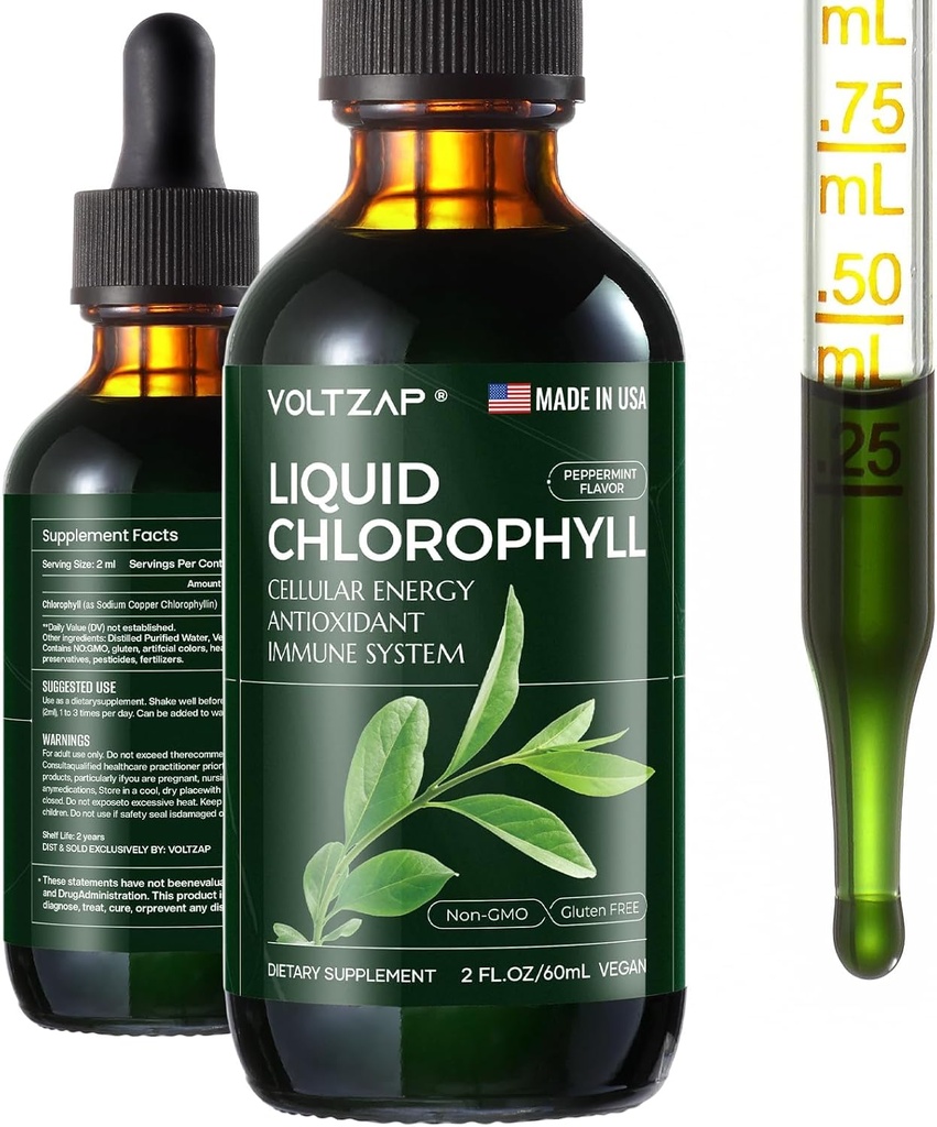 Chlorophyll Liquid Drops - Premium Liquid Chlorophyll Kosttilskud til immunforsvar, energiforøgelse, fordøjelsesstøtte, Gut & Skin Health - Natural & Non- GMO & Vegan Mint Flavored 2fl.oz