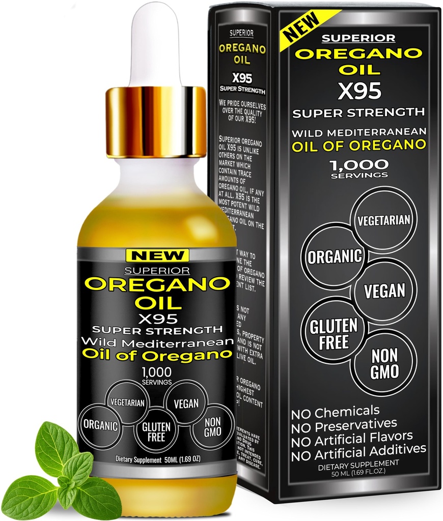 Organic Oregano Oil Drops - 1.000 Servere, 12 Måned Supply, Wild Oil of Oregano 9X Carvacrol, Immun & fordøjelsesstøtte, non-GMO, Food Grade Herbal Supplement, Alternativ til olie af Oregano Tincture