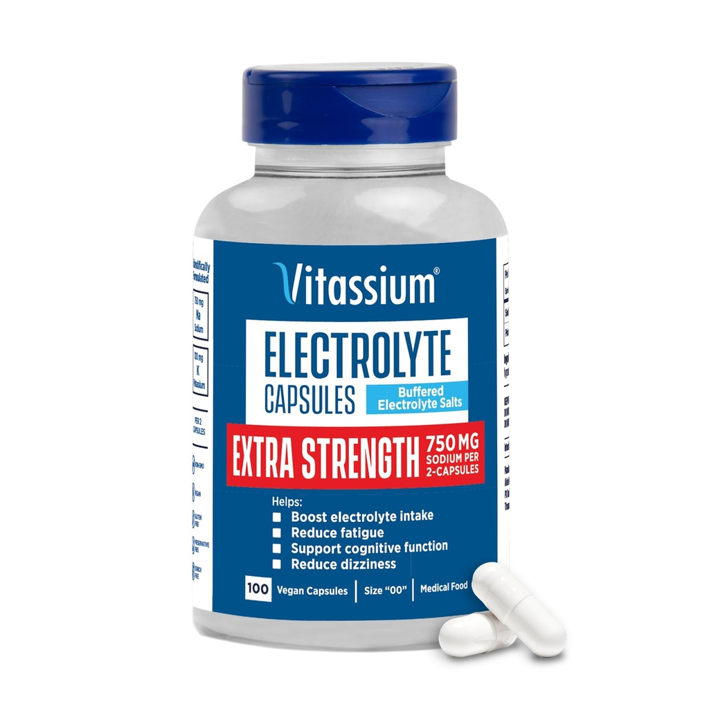 Vitamin Extra Strength Electrolyte Capsules, 750mg natrium til administration af POTS og høj natriumkost, uden smag, 100 saltpiller (størrelse 00)