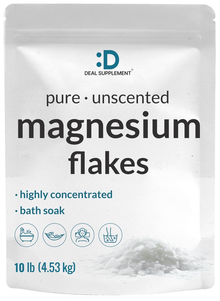 Pure Magnesium Flakes Bath Soaks, 10lbs - Natural Epsom Salt Substitute Б124; High- Absorption Magnesium Chloride Flakes Б124; Hydrates Skin & Promoes Afslapning