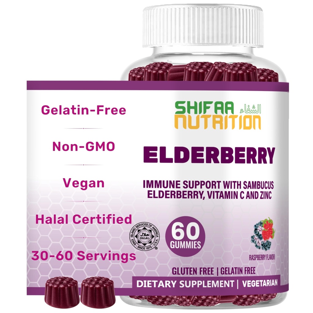 SHIFAA NUTRITION Vegan Black Sambucus Elderberry Gummies Note 124; Non- GMO Note 124; 60 Gummies, 30 Serving w / 100mg Elderberry, 90mg Vitamin C, 7,5mg Zink124; Immunstøtte, Antioxidant Flavonoider Halale vitaminer