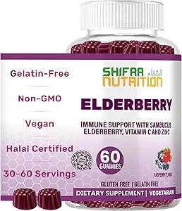 SHIFAA NUTRITION Vegan Black Sambucus Elderberry Gummies Note 124; Non- GMO Note 124; 60 Gummies, 30 Serving w / 100mg Elderberry, 90mg Vitamin C, 7,5mg Zink124; Immunstøtte, Antioxidant Flavonoider Halale vitaminer